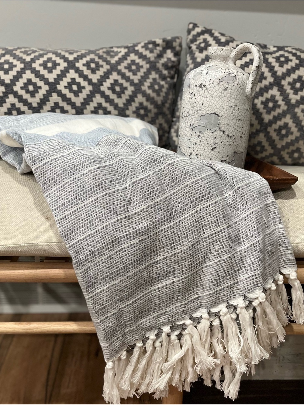 Hearth & Hand Gray and Cream Striped Tassel Throw